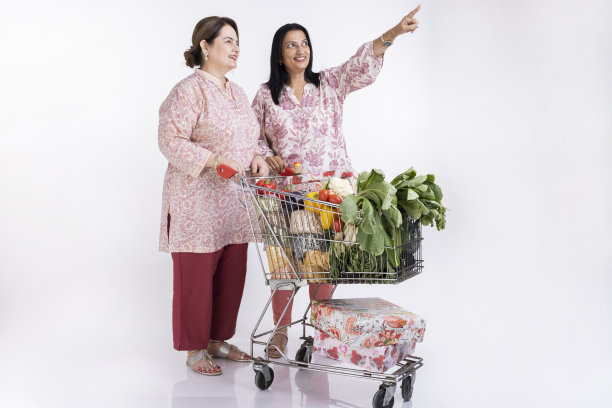 两个女人一起购物，推着购物车，孤立在白色的背景上，图片下载