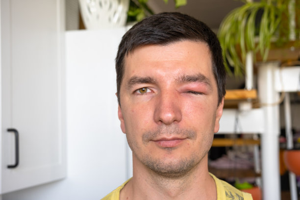 特写镜头中，男人脸上红肿的眼睑是对昆虫叮咬过敏。对吸血昆虫过敏图片下载