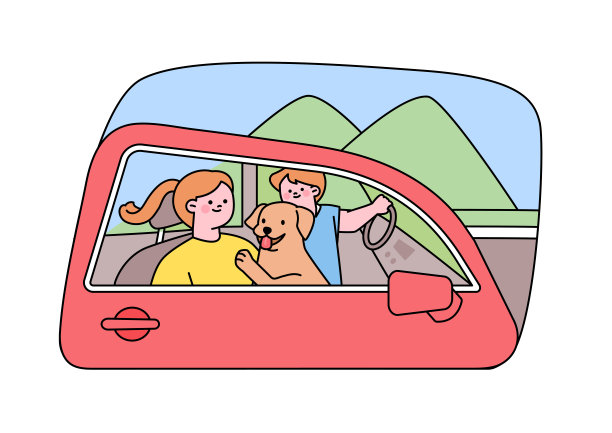 假日自驾游。一个男人，一个女人和一只可爱的狗一起去公路旅行。图片下载