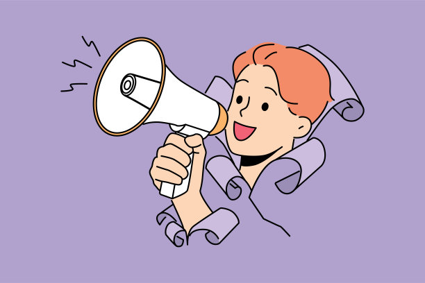 男人从纸洞里伸出头用扩音器喊叫，以引起对广告的注意图片下载