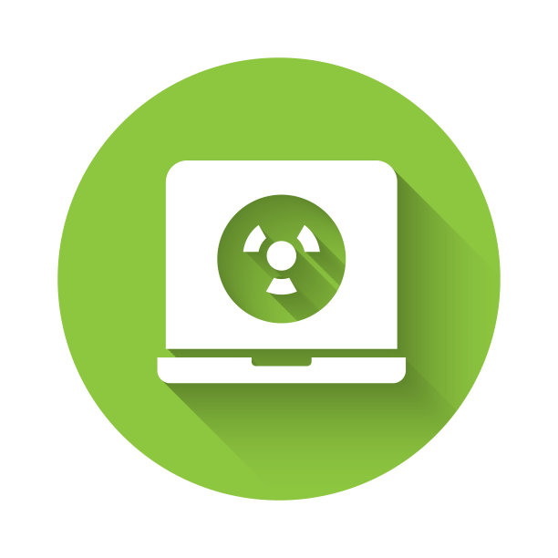 白色核笔记本电脑图标孤立的长阴影背景。绿色圆形按钮。向量图片下载