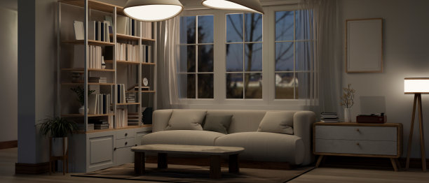 一个舒适的现代客厅在晚上与一个舒适的沙发靠窗图片下载