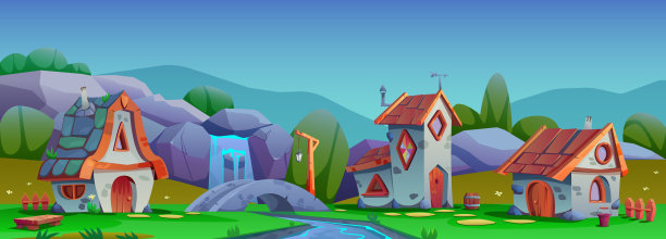 质朴的风景，村庄里可爱的房子。山区有瀑布，石桥跨河，塔屋有彩色玻璃窗。全景景观，视差。矢量动画图片下载