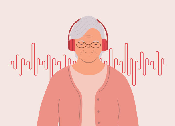 老年妇女戴着耳机听音乐。图片下载