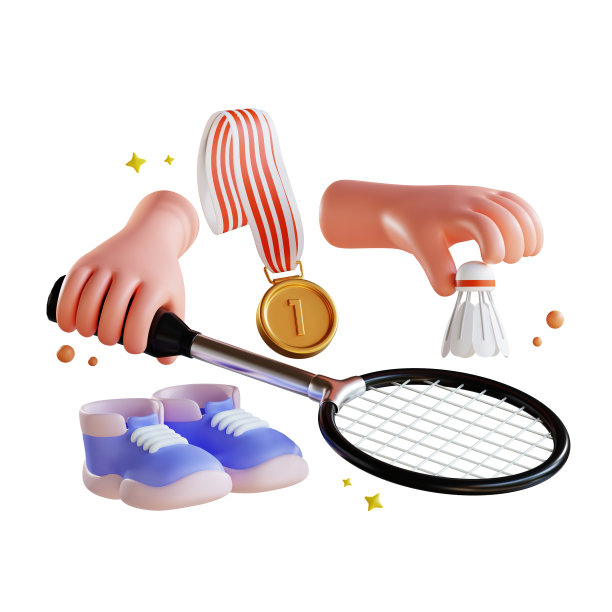3D插画，羽毛球运动器材如羽毛球拍、羽毛球、球鞋等，这是一项风靡全球的运动。图片下载