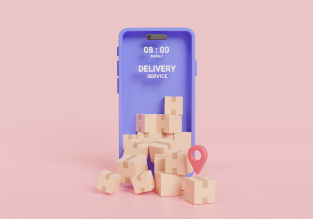 粉红色背景下，手机上的包裹箱里满是快递。在线订单跟踪，包裹配送，购物，在线配送。快速交付的服务理念。三维渲染图图片下载