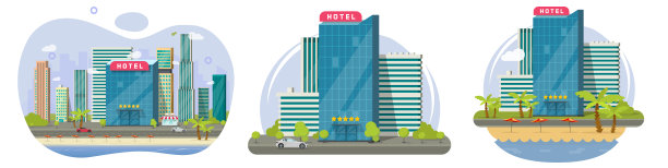 酒店城市塔楼建筑以街道道路为矢量图形插图，海滩景观以海洋海岸线水为旅游形象，城市景观为旅游场景，摩天大楼天际线地平线设置图片下载