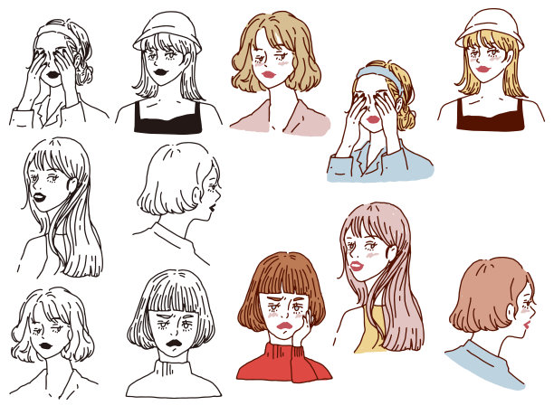 黑白单色线条插画：手写时尚杂志风可爱女孩人物图片下载