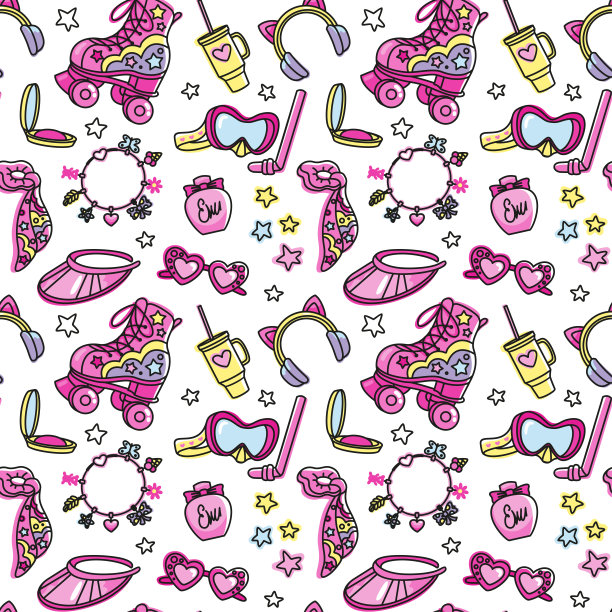 溜冰鞋，太阳镜，潜水面罩和其他夏季配件粉红色的风格。图片下载