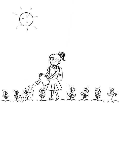 一个女孩在阳光下给植物浇水。图片下载