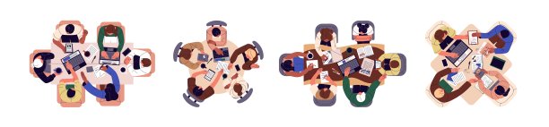 工作在桌面视图设置。人们在办公室里一起学习、讨论、计划、开会、围坐在桌子旁。在商业、班级、公司、学校的团队合作。平面隔离矢量插图上的白色图片下载