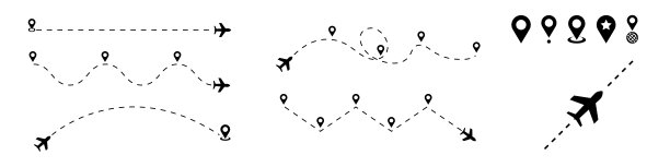 带有飞行路线的矢量飞机。地图针和飞机-向量元素。图片下载