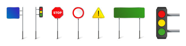 矢量路标收集。电线杆上不同的标志和交通灯。图片下载