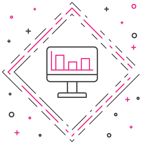联机计算机显示器与图形图表图标隔离在白色背景上。报告文本文件。会计的迹象。审计、分析、计划。色彩缤纷的轮廓概念。向量图片下载