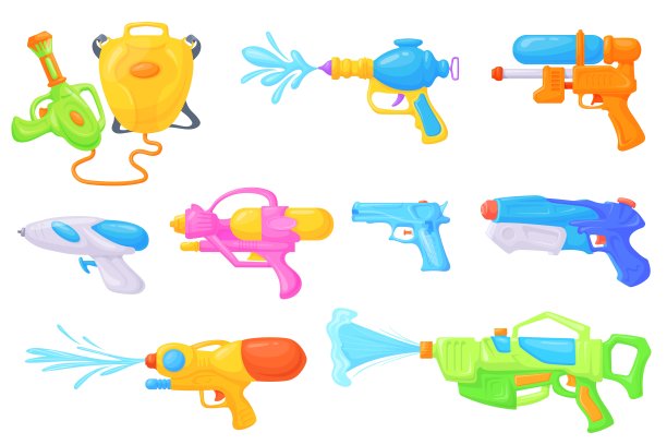 玩具水枪。有趣的玩具枪喷射湿喷雾，儿童水枪飞溅战夏季游戏，空间手枪收集泵动作卡通武器儿童玩，整齐的矢量插图图片下载