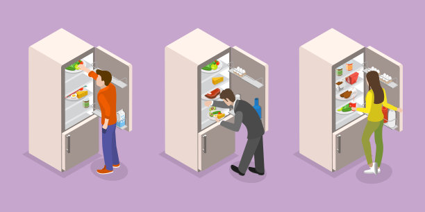 三维等距平面矢量集的食物在冰箱图片下载