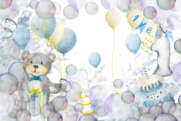 水彩插图手绘。可爱的卡通泰迪熊有拱门，飞机，礼物和肥皂泡图片下载