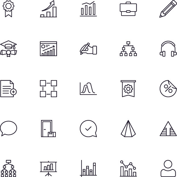 业务线图标集。收集网页设计、手机app、UI设计等商业下线标识。白色背景上深蓝色的金融符号。图片下载