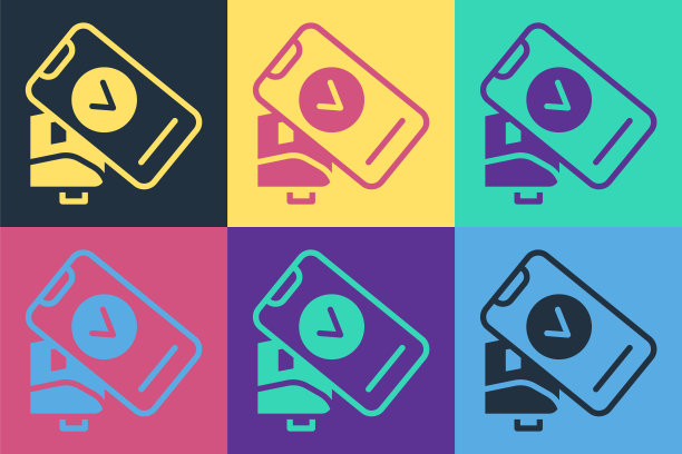 波普艺术POS终端打印收据和确认支付的智能手机图标孤立的彩色背景。NFC支付概念。向量图片下载