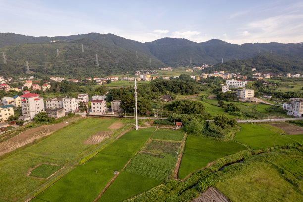 在阳光明媚的日子里鸟瞰农村房屋和农田图片下载