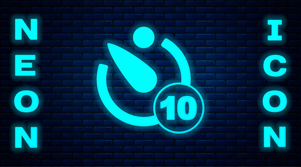 发光的霓虹灯相机定时器图标孤立的砖墙背景。照片曝光。秒表计时10秒。向量图片下载