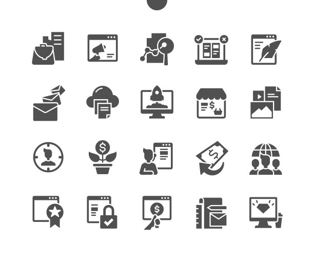 网络营销。创新创业。品牌、分析、活动、内容、目标、利润、增长和支持。矢量实体图标。简单的象形图图片下载