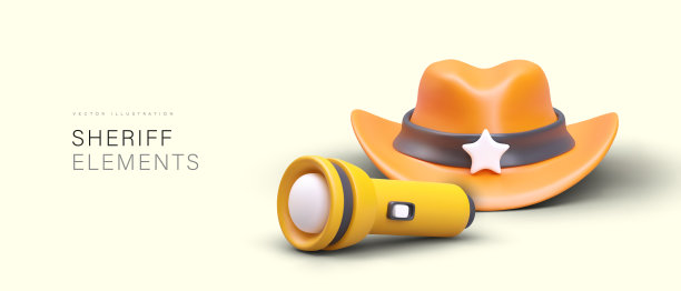 警长服装的3D元素。带星星的帽子，手电筒。蛮荒的美国西部图片下载
