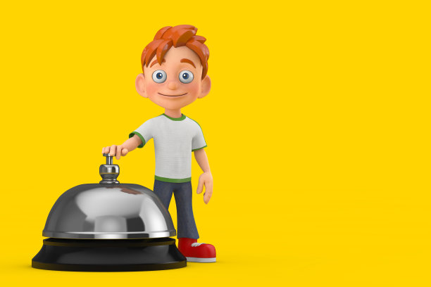 卡通小男孩青少年人物吉祥物与酒店服务铃。3d渲染图片下载