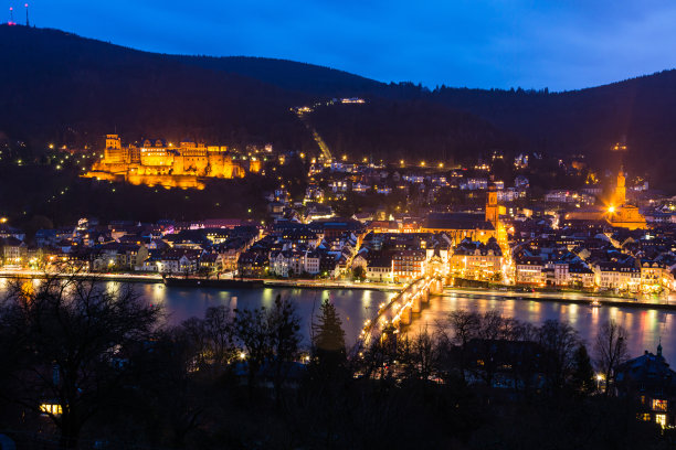 从德国海德堡的哲学家小径上看到的老城和内卡河的夜景图片下载