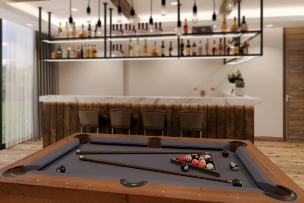 桌球台与柜台酒吧在放松室，3d渲染图片下载