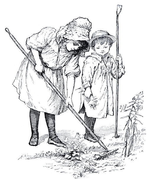 两个姐妹在花园里耙草图片下载