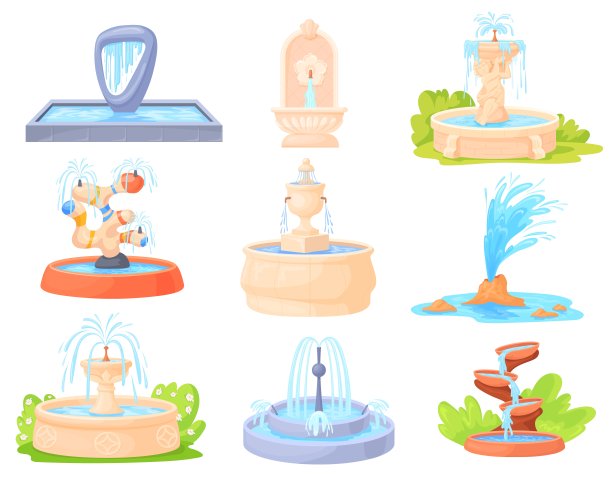 卡通喷泉。水喷泉雕塑夏季装饰花园游泳池或建筑城镇公园，雕像与瀑布天然喷泉喷泉喷泉，整齐的矢量插图图片下载