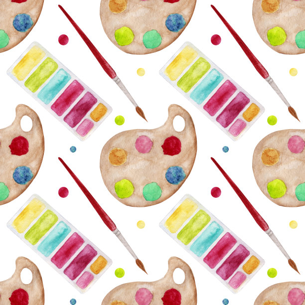 明亮的无缝水彩图案与各种艺术家的工具，水彩颜料，画笔和调色板上的白色背景。图片下载