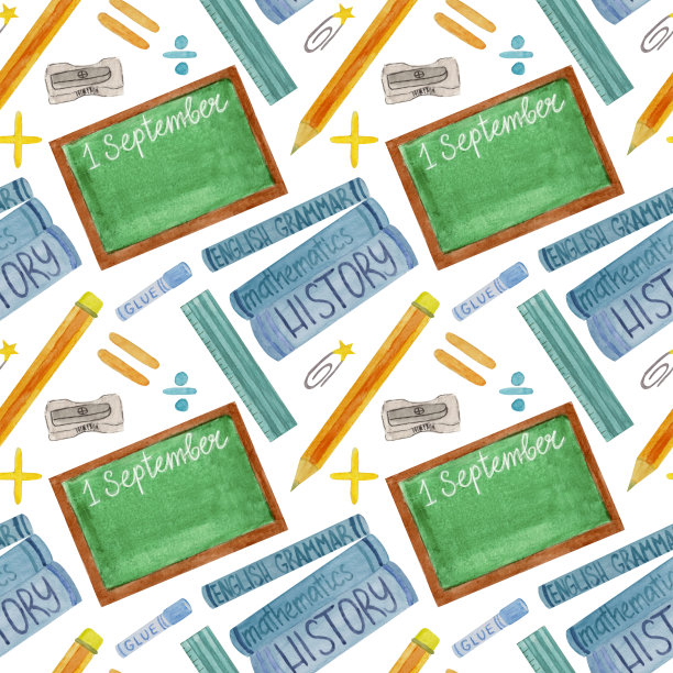 水彩无缝学校图案与铅笔，胶水，数学符号，书籍，尺子，绿色黑板在白色的背景。图片下载