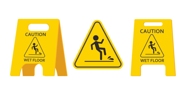 湿地板警告标志，白色背景上孤立的黄色符号。公共警告黄色符号剪贴画。光滑的表面小心塑料板。矢量图图片下载