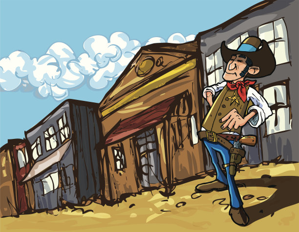 卡通牛仔警长在尘土飞扬的小镇街道上图片下载