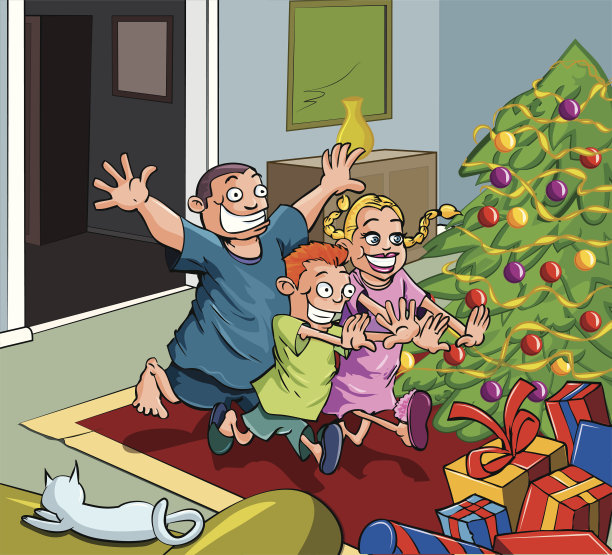 卡通儿童对圣诞礼物感到兴奋图片下载