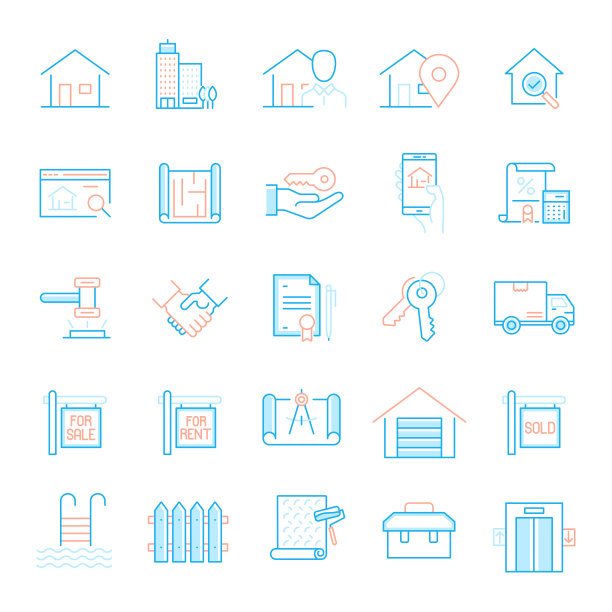 房地产相关线图标的设置。简单轮廓符号图标。图片下载