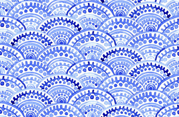 水彩无缝模式。蓝色东方装饰，鱼鳞。摩洛哥瓷砖。真正的手绘图片下载
