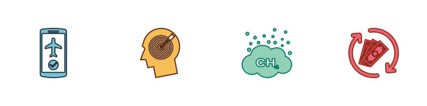 在移动中设置飞行模式，猎头概念，甲烷减排和退款图标。向量图片下载