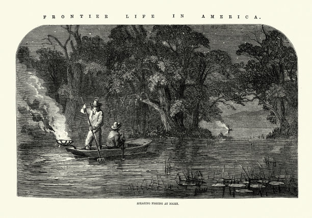 美国的边疆生活，新不伦瑞克的阿卡迪亚人在夜间用长矛捕鱼，19世纪50年代的加拿大历史，19世纪维多利亚时代图片下载