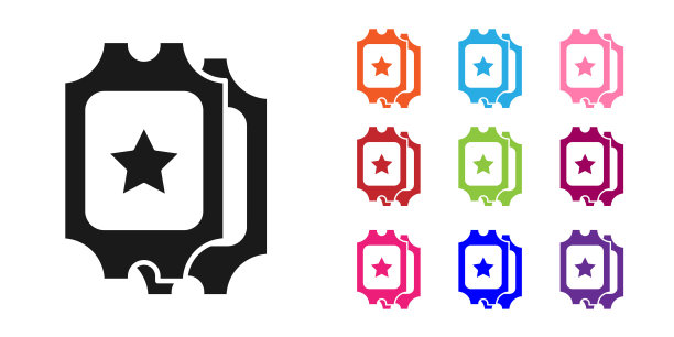 黑色电影票图标孤立在白色背景上。设置图标丰富多彩。矢量图图片下载