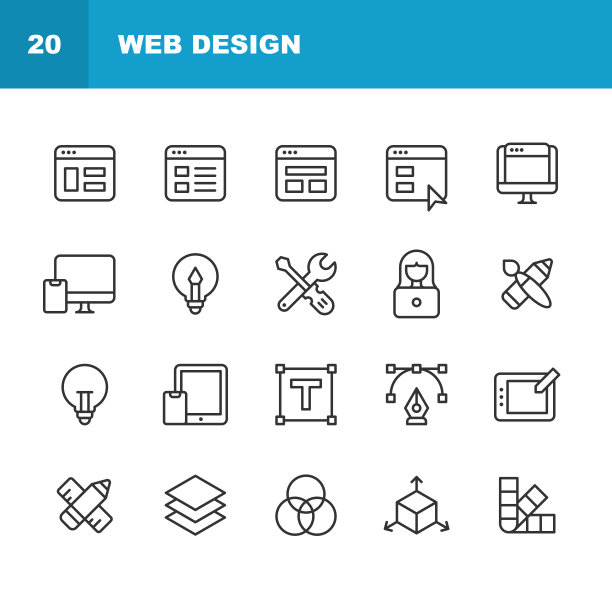 网页设计线条图标。可编辑笔画，包含编码，自由，图形用户界面，布局，营销，编程，响应式设计，SEO，社交媒体，软件，UI，用户界面，用户体验，Web浏览器，Web开发，网站等图标。图片下载