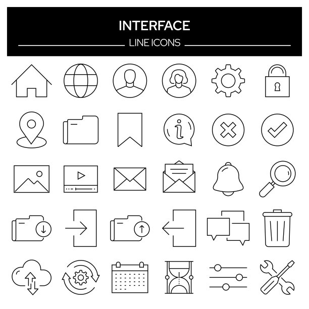 用户界面相关的线条图标集。轮廓符号集合，可编辑的描边图片下载