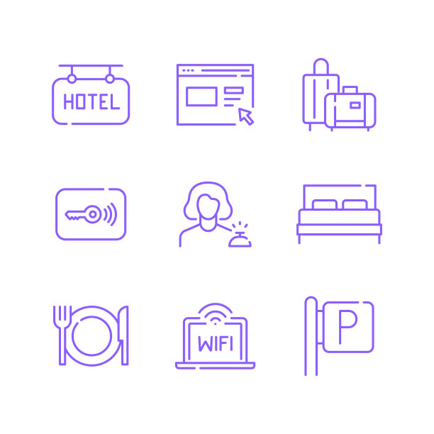 一组酒店服务相关的行图标。轮廓符号集合，可编辑的描边图片下载