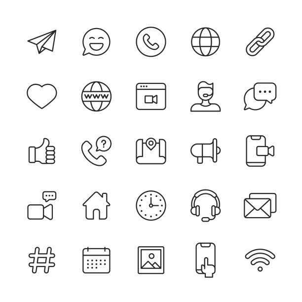联系我们线路图标。可编辑的中风。像素完美。移动和网络。包含日历，聊天，电子邮件，常见问题解答，链接，地图，会议，消息，导航，办公室，播客，SEO，社交媒体，语音气泡，文本消息，视频会议等图标。图片下载