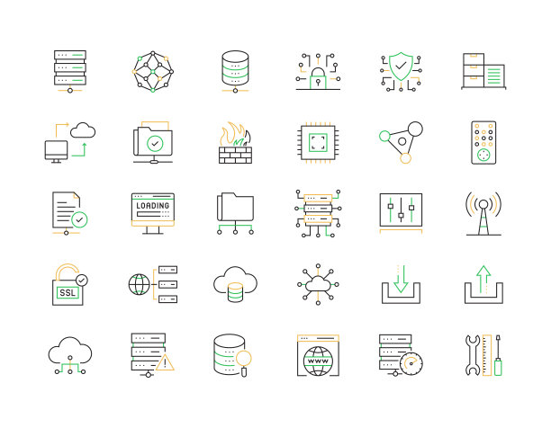 网络托管相关的矢量线图标。大纲符号集合图片下载