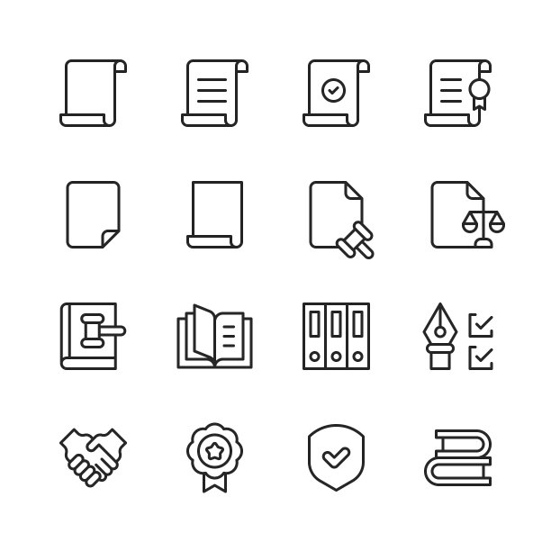 法律文档的行图标。可编辑的笔划，包含协议，商业，证书，宪法，合同，法院，文件，文件夹，政府，握手，正义，法律，律师，立法，办公室，文书工作，研究，签名。图片下载