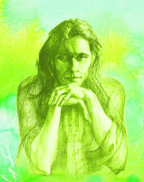 插画水彩肖像的年轻人与长黑发和微笑与吉他在他的手在一个抽象的绿色背景图片下载