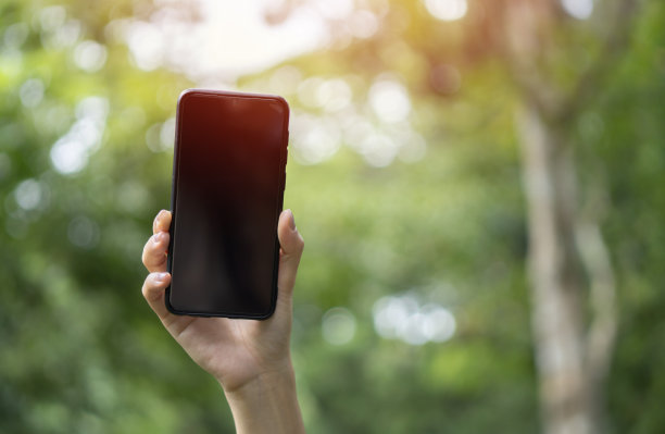 年轻女子手持智能手机在森林里捕捉信号。图片下载